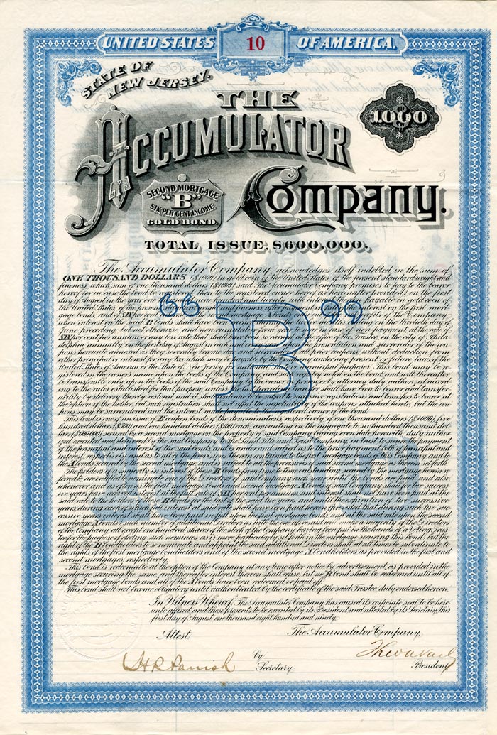 Accumulator Co. Bond signed by Theodore Newton Vail - (Uncanceled) 